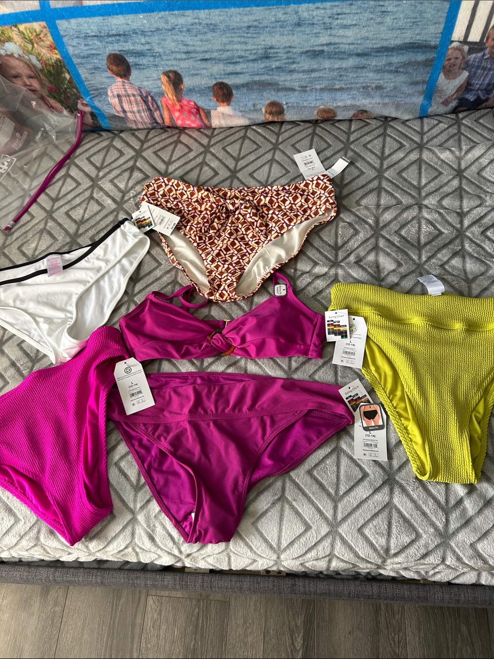 Women’s Magenta Bikini Set with Lime White Mix Brand lot 6pc, size L 12-14 NWT